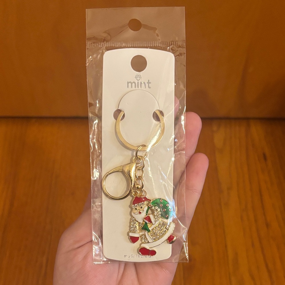 Mint Santa Claus Bag Charm Keychain with Gold Accents NWT